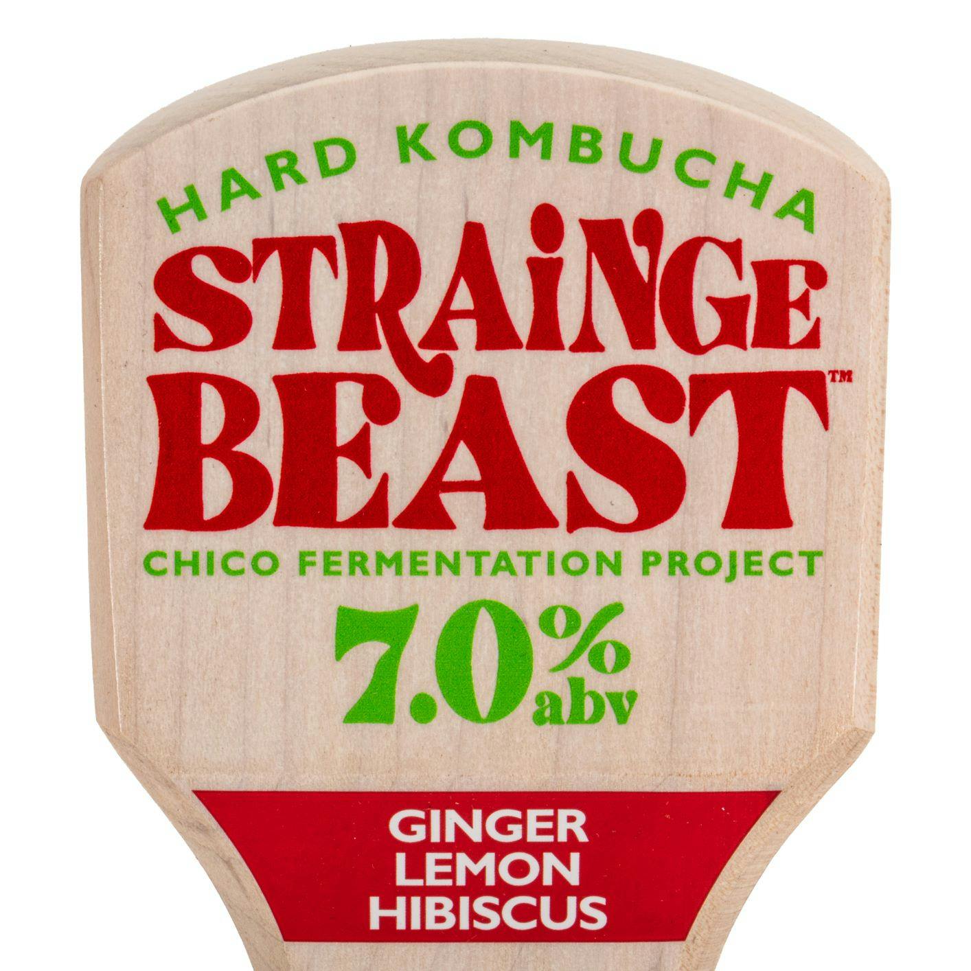 Sierra Nevada Brewing Co. Strainge Beast tap handle - close-up, straight-on view of the top of the tap handle with the Strainge Beast Hard Kombucha logo