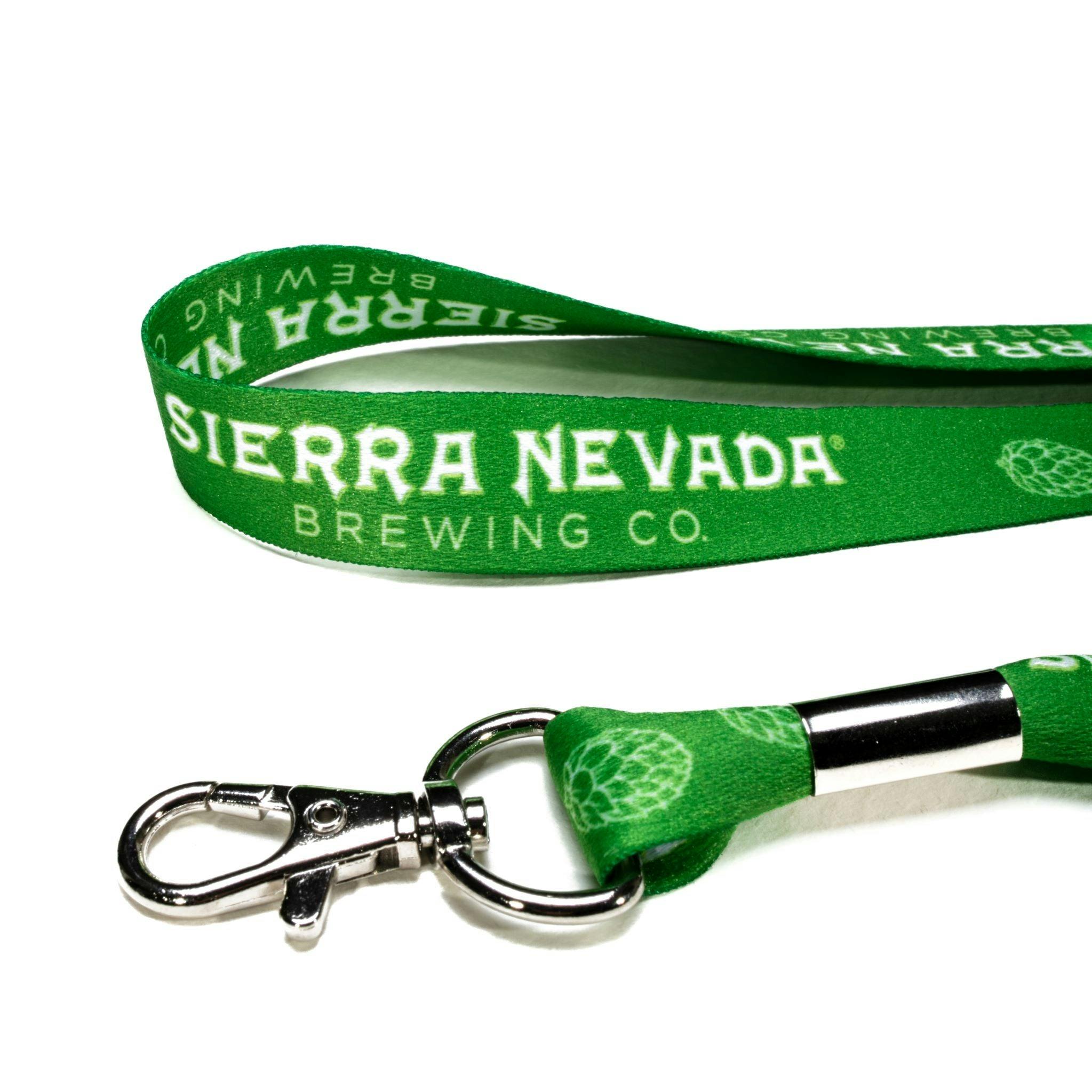 Sierra Nevada Brewing Co. lanyard - close-up shot of the printed Sierra Nevada lanyard on the fabric and the silver key clip