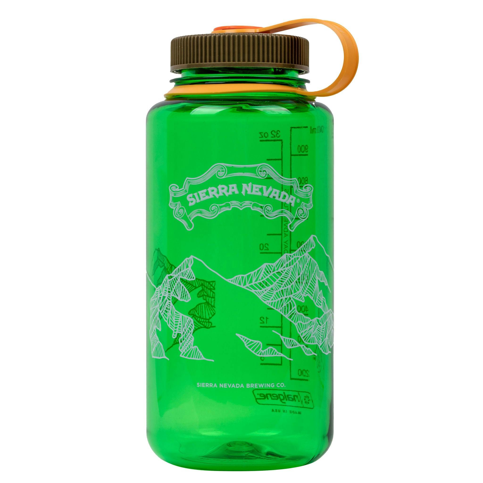 Nalgene 32oz green water bottle - front view featuring the Sierra Nevada scroll logo and mountain peak line art design