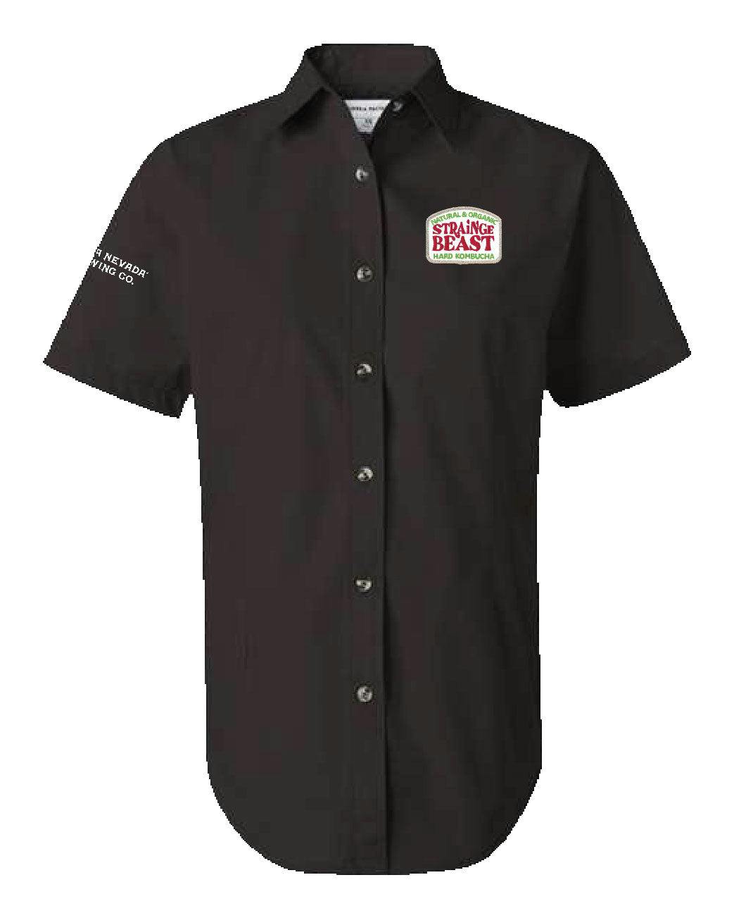 Sierra Nevada Brewing Co. Women's Strainge Beast Short Sleeve Button Up Shirt - front view with logo on chest