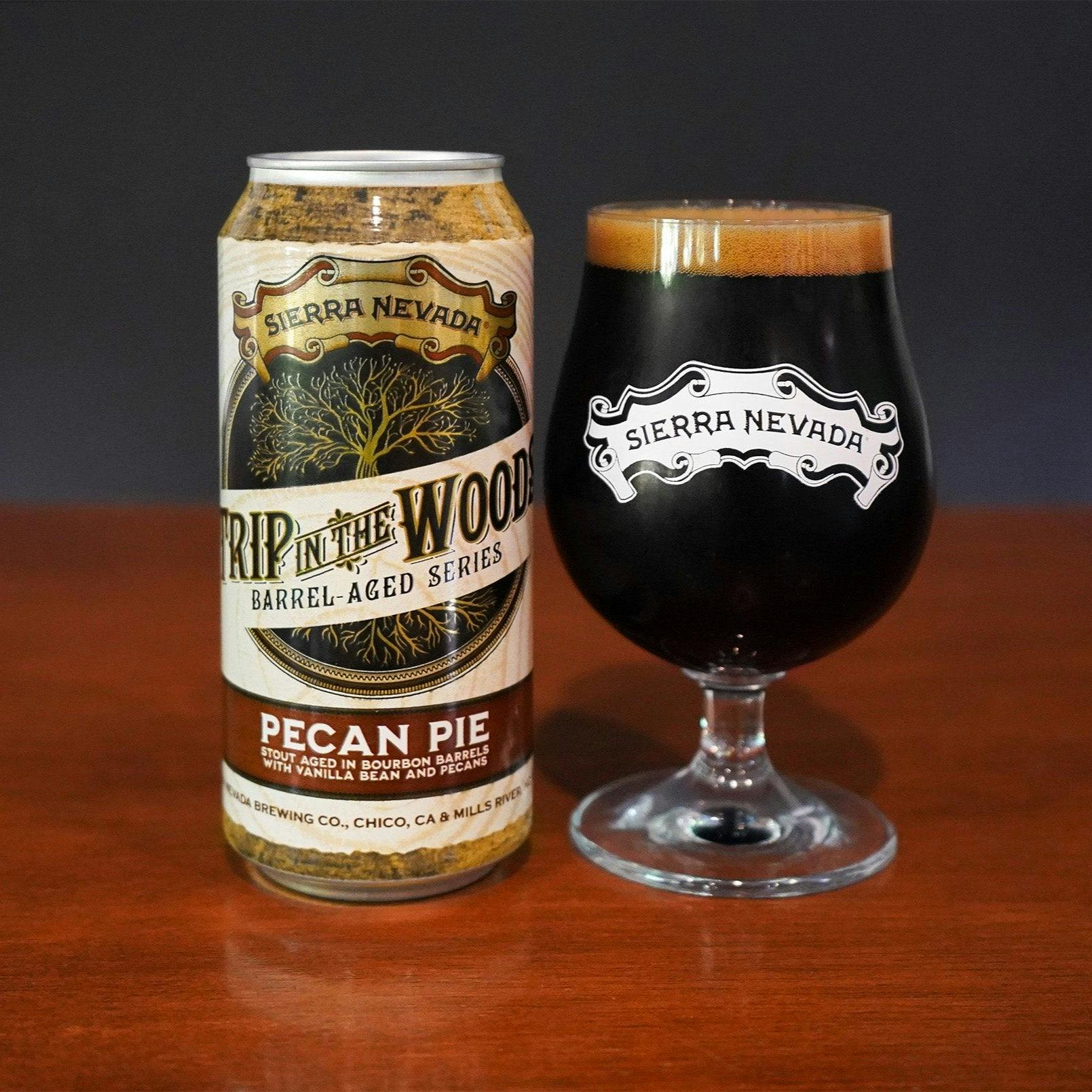 Sierra Nevada Trip In The Woods Pecan Pie Barrel Aged Stout poured into a balloon glass to show off the dark brew