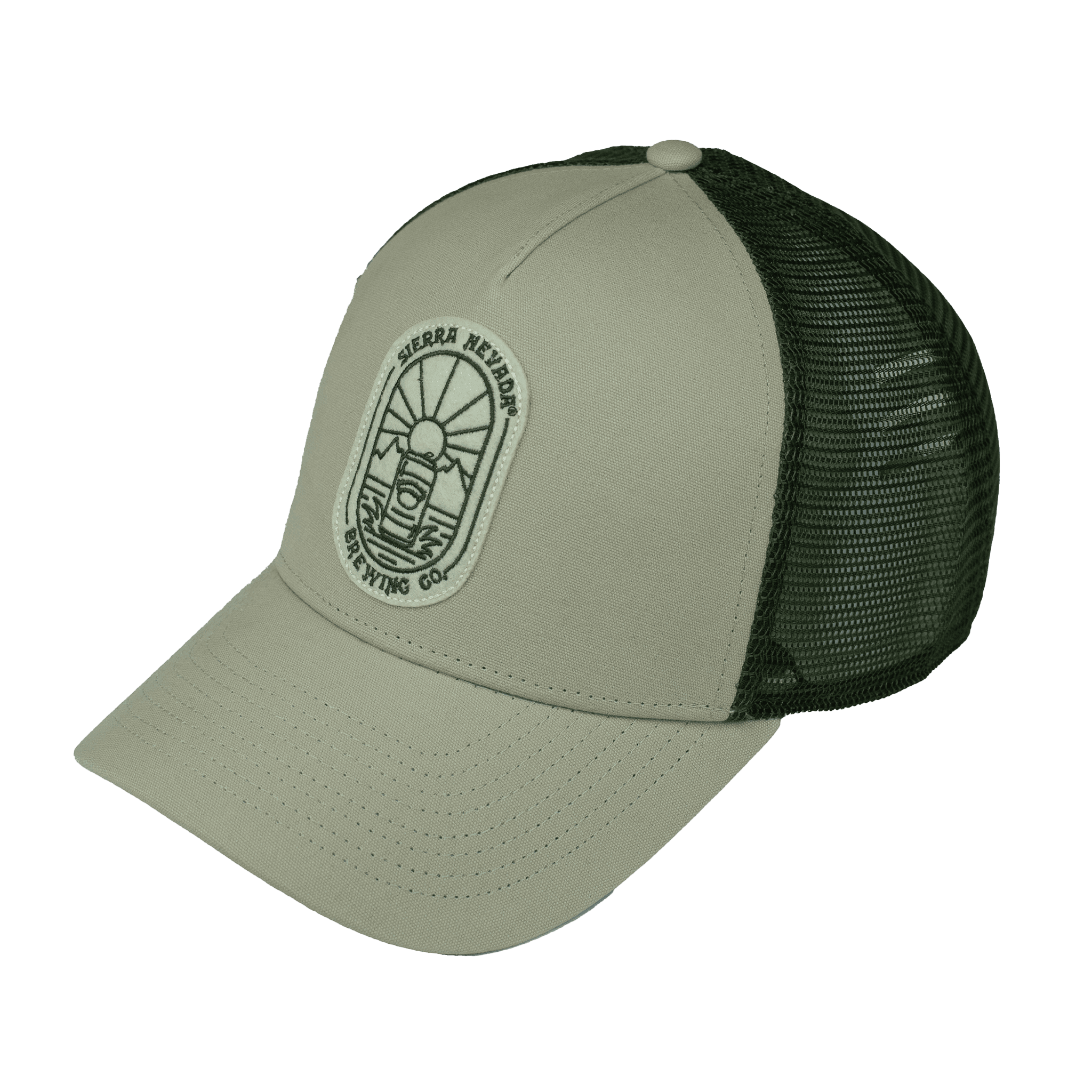 SNBC Beer Can Sunshine Trucker Hat in Stone/Olive