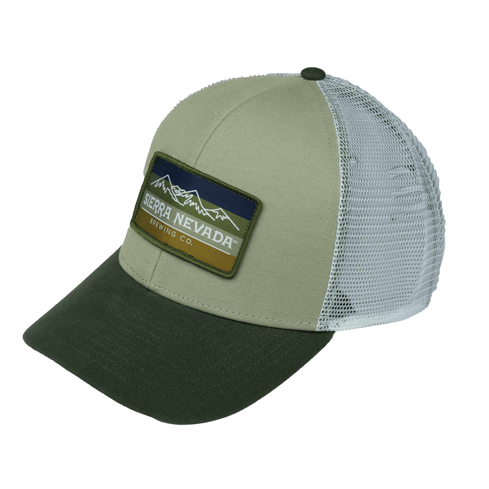 SNBC Mountain Gradient Trucker Hat in light olive/khaki