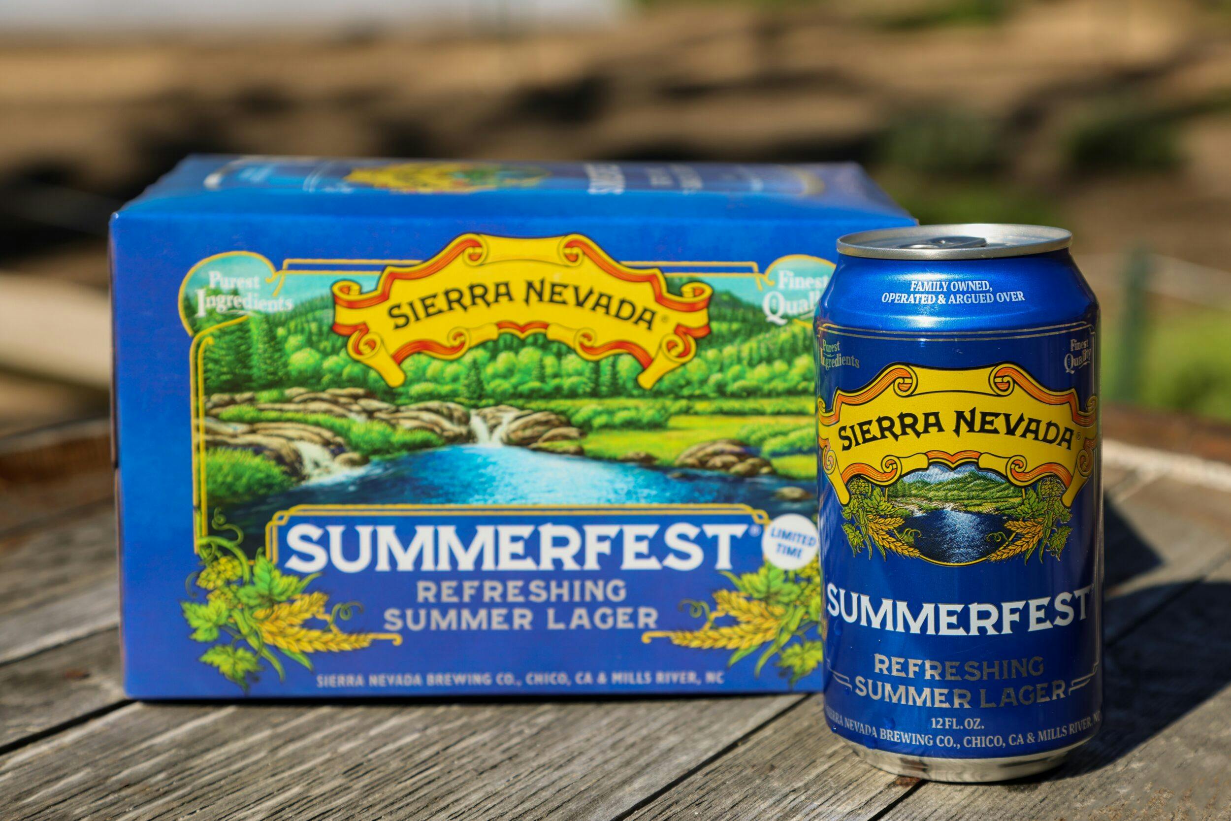 Summerfest beer can and 6-pack on table outside