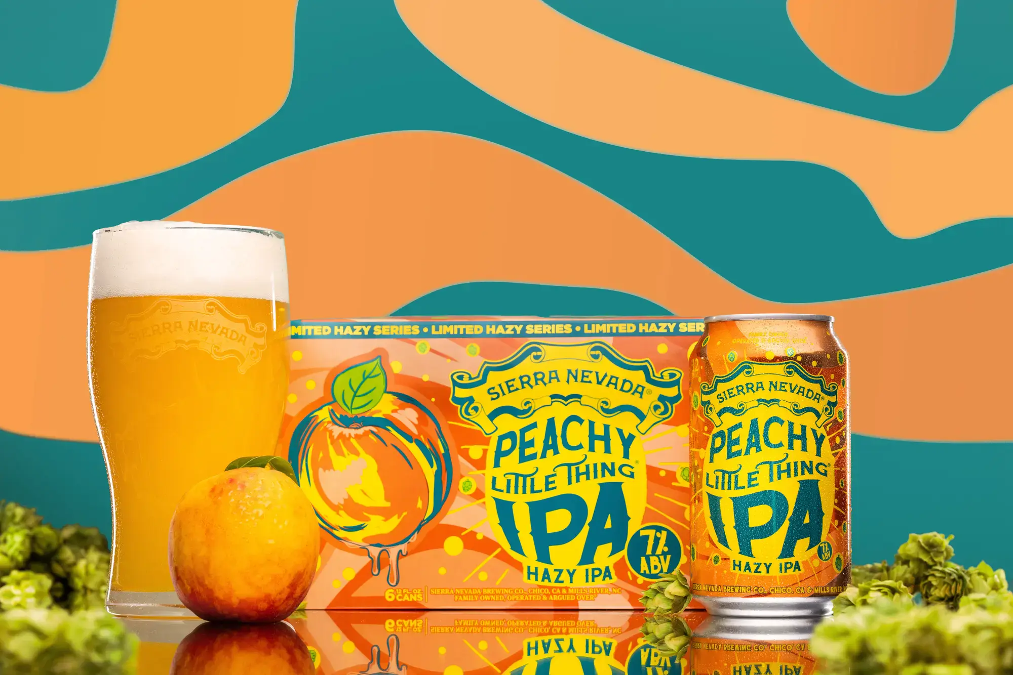 A can, 6-pack and full glass of Peachy Little Thing Hazy IPA surrounded by hops and one peach