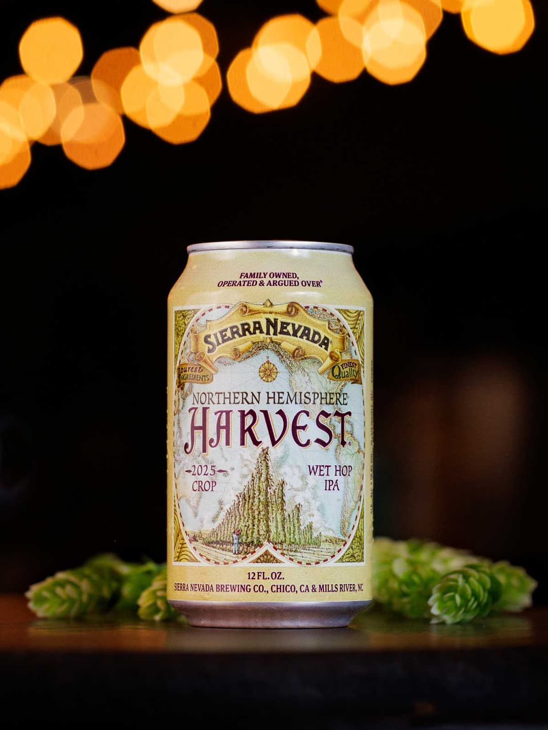 A can of Sierra Nevada Northern Hemisphere IPA with twinkly lights above