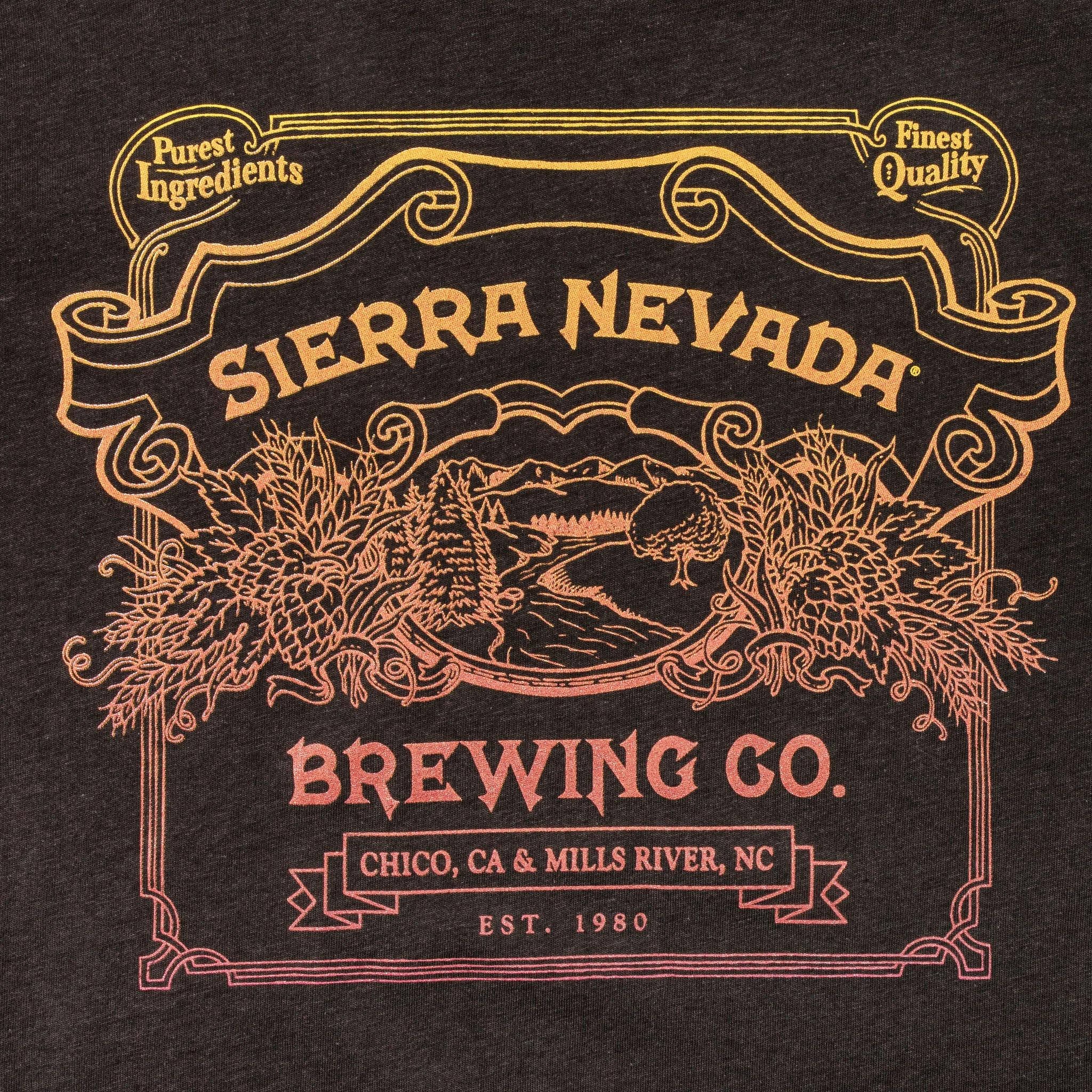 Sierra Nevada Women's Handcrafted T-Shirt Black - close up of graphic