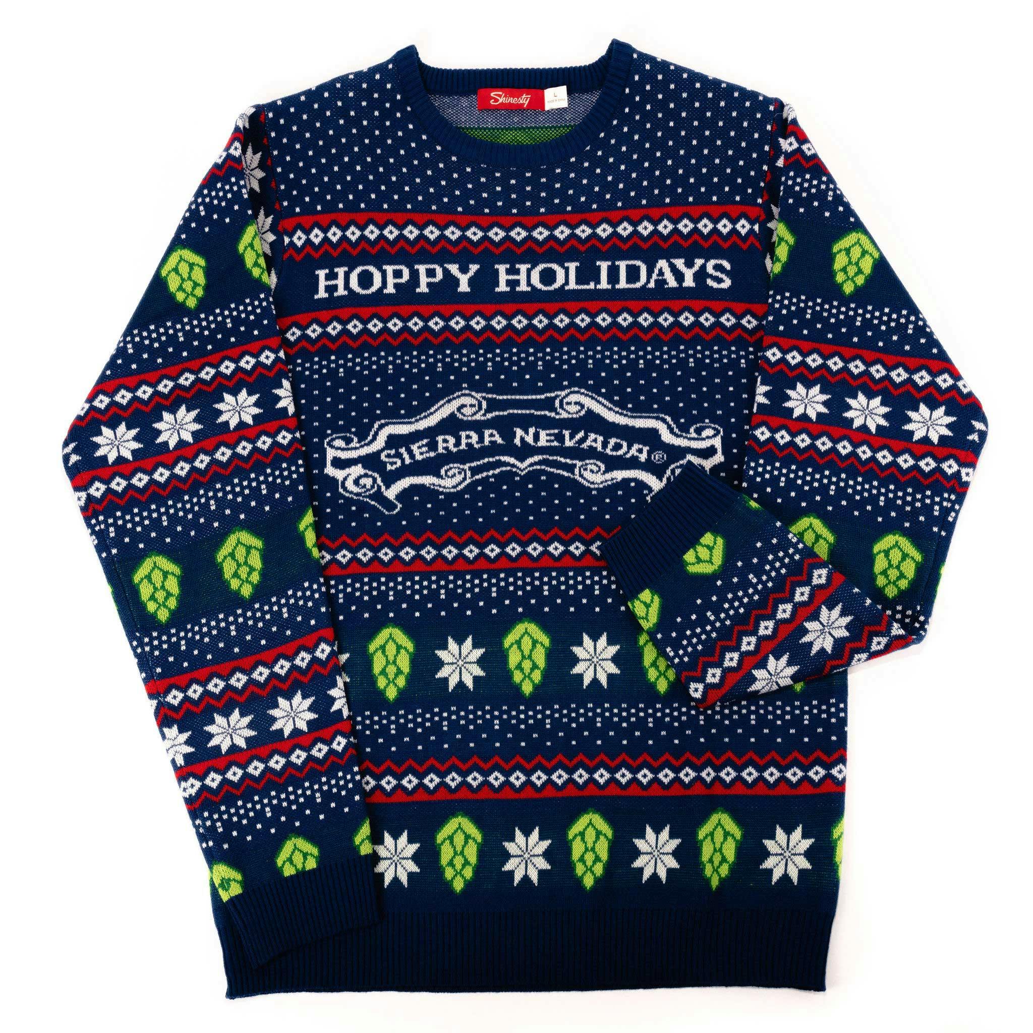 Front view of Sierra Nevada holiday knit sweater with hop pattern