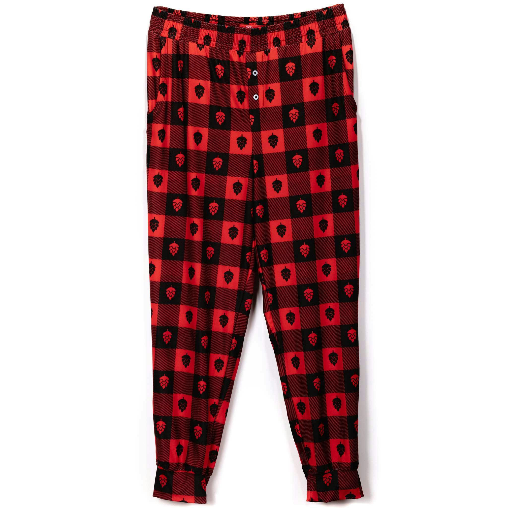 Front view of the Sierra Nevada red pajama bottoms with a hop pattern