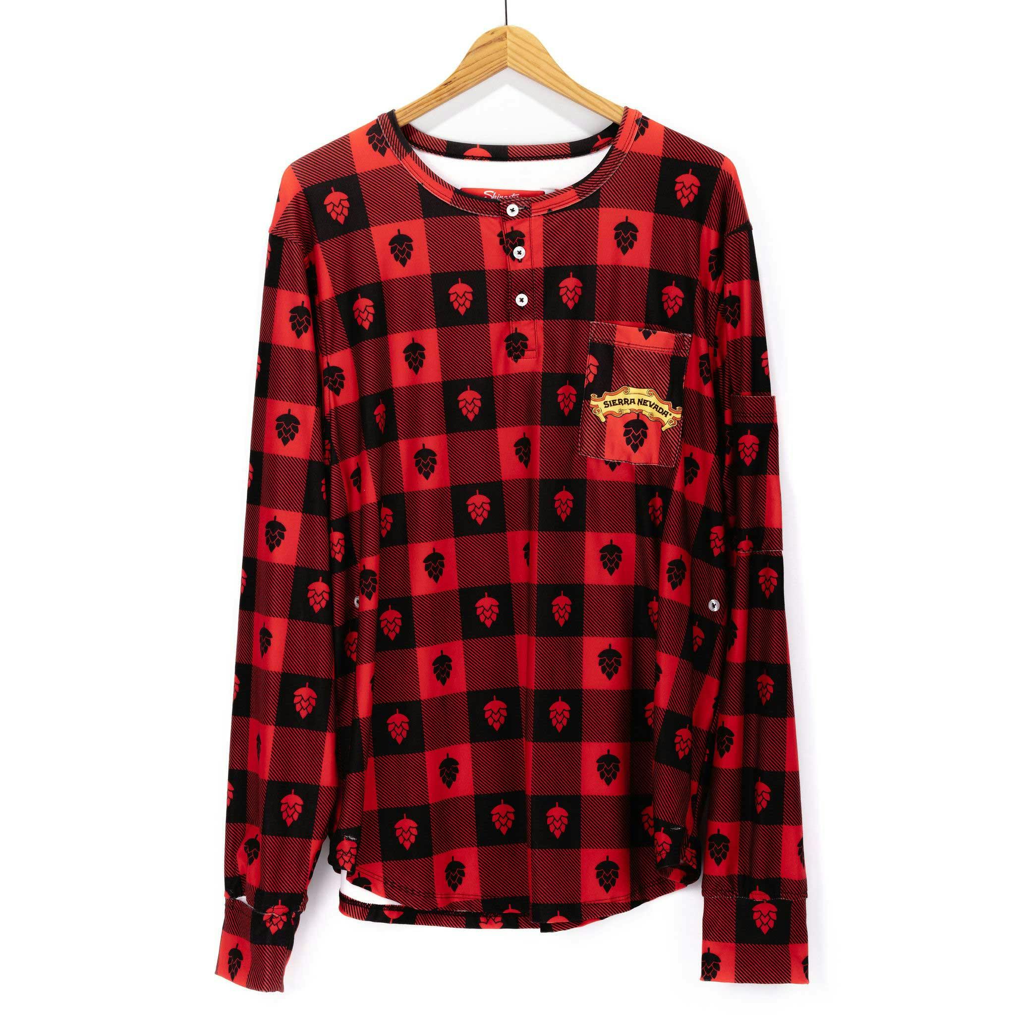 Front view of the Sierra Nevada red pajama top with a hop pattern