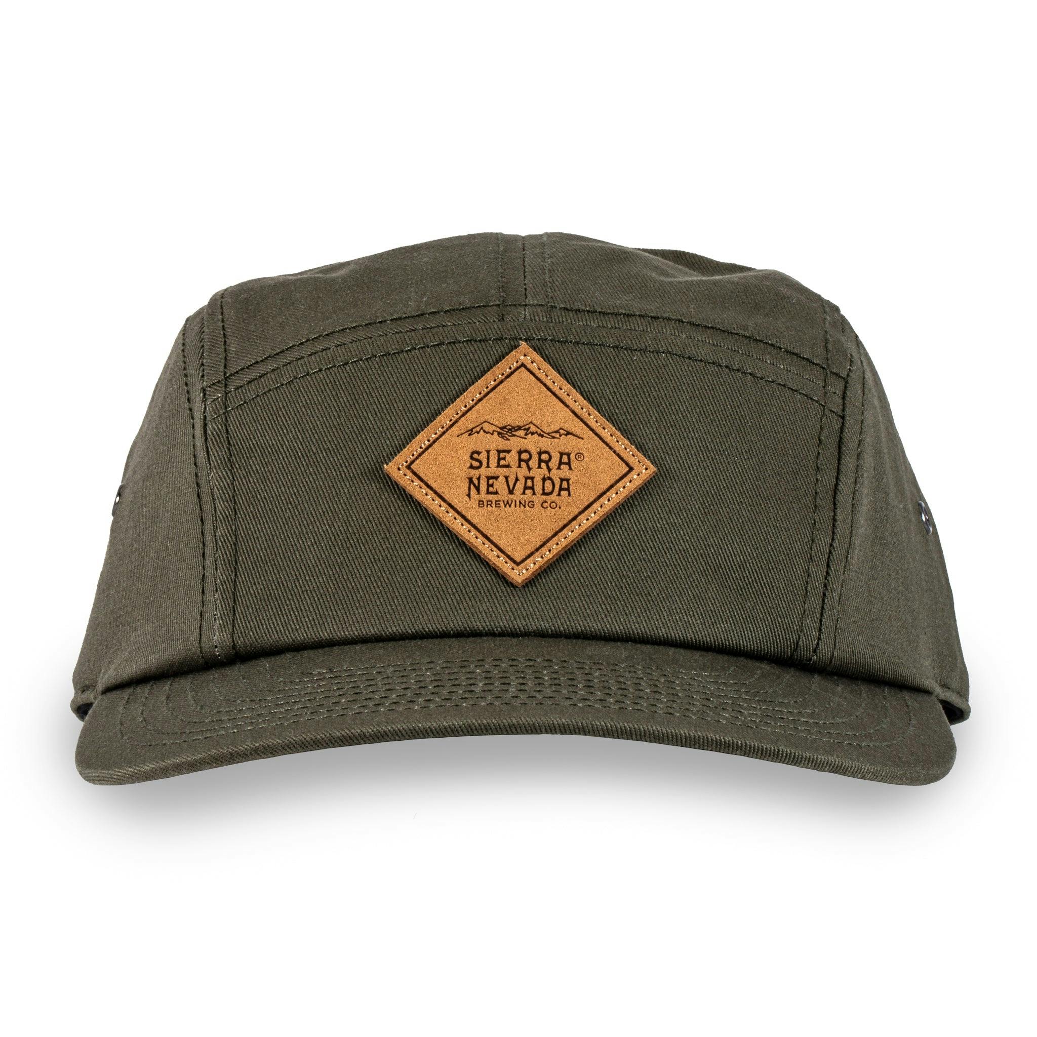 Straight on, front view of the Sierra Nevada diamond patch green camper hat