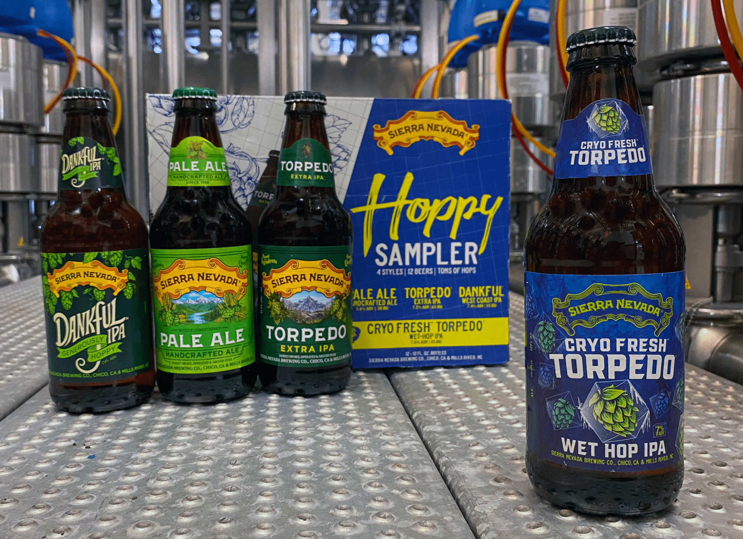 Pale Ale, Torpedo, Dankful and Hoppy Sampler all next to each other on an industrial surface.