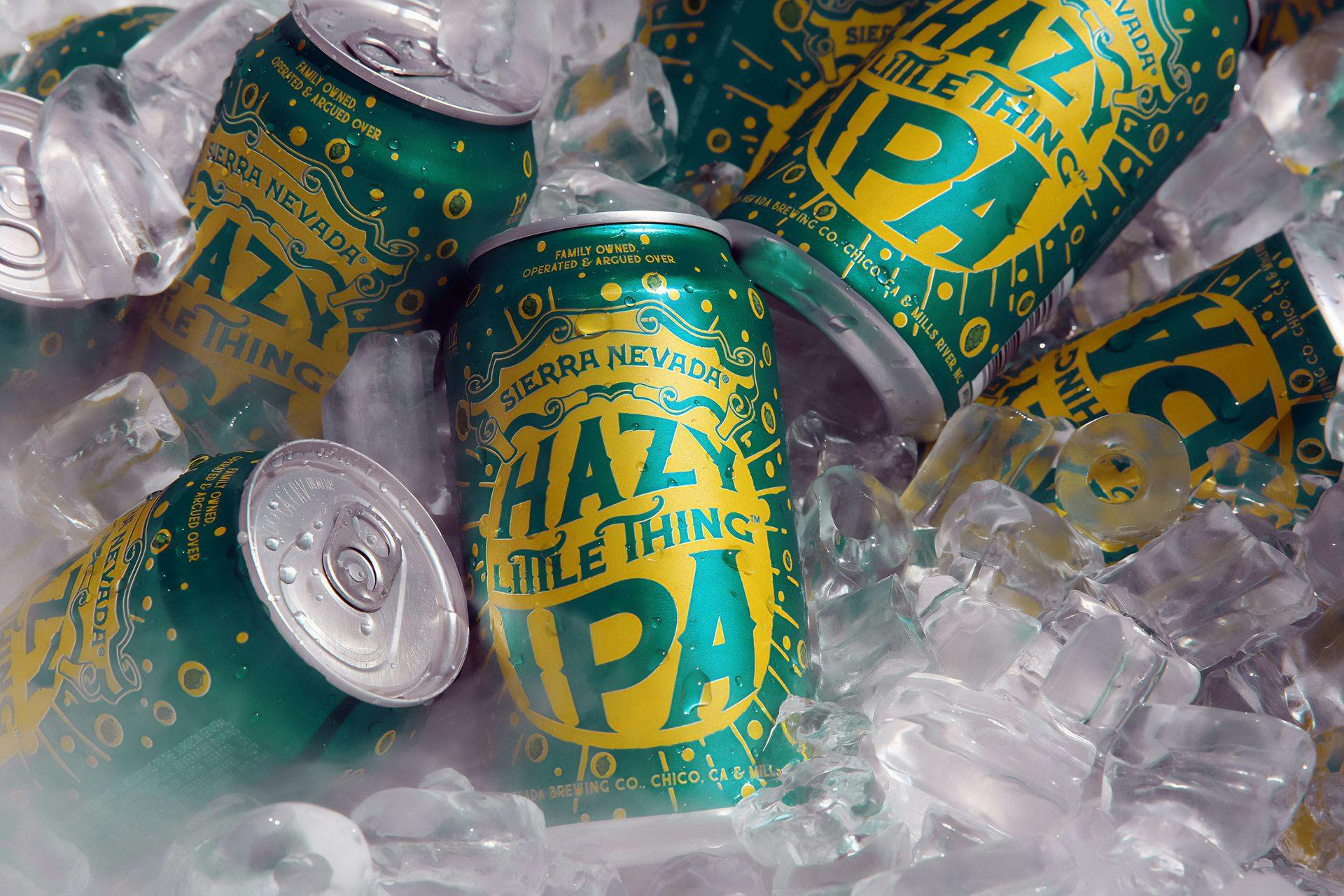 Hazy Little Thing beer cans on ice