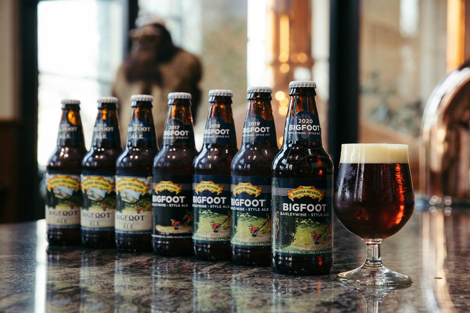 Seven bottles of Bigfoot Barleywine, each from a different release year