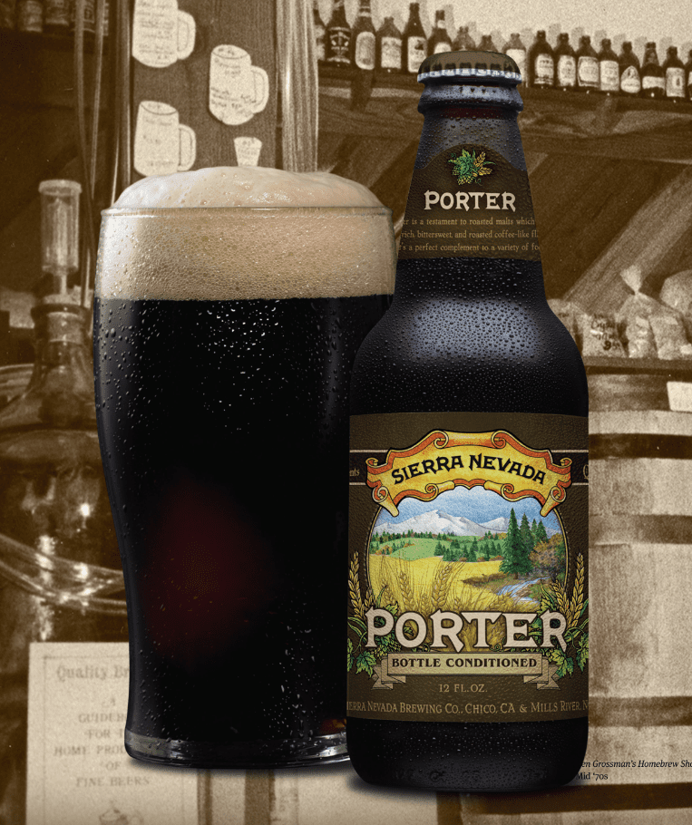 Porter beer bottle and pint glass