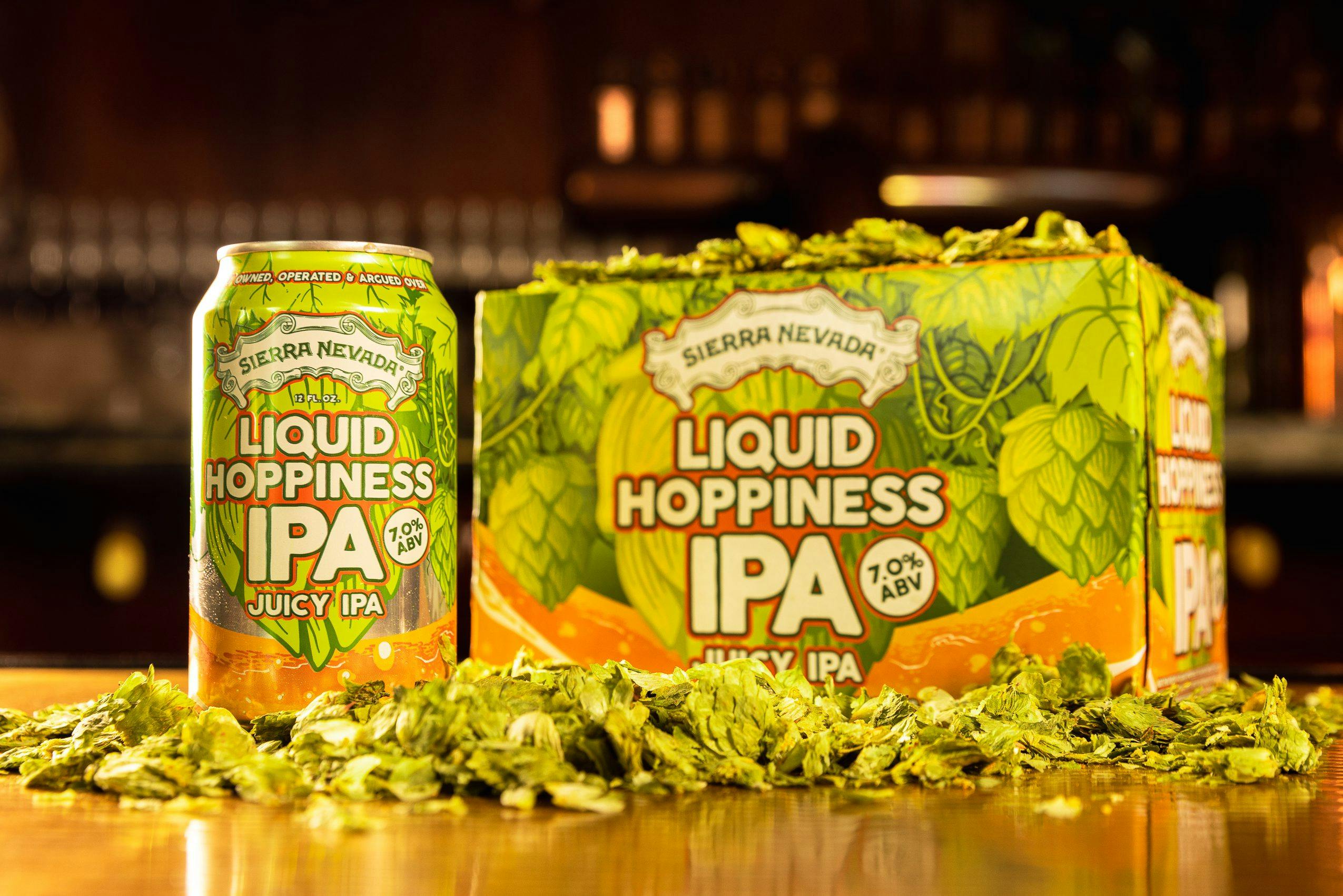 Liquid Hoppiness IPA beer can and pack on hops