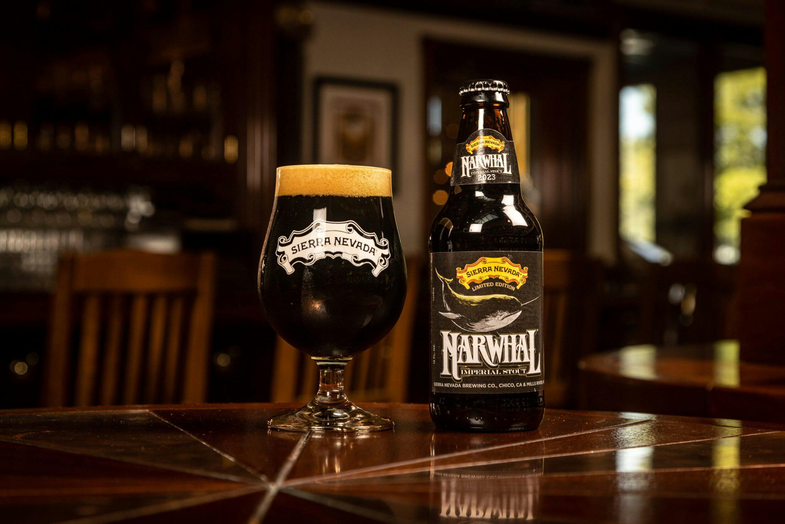 Narwhal Imperial Stout beer bottle and glass