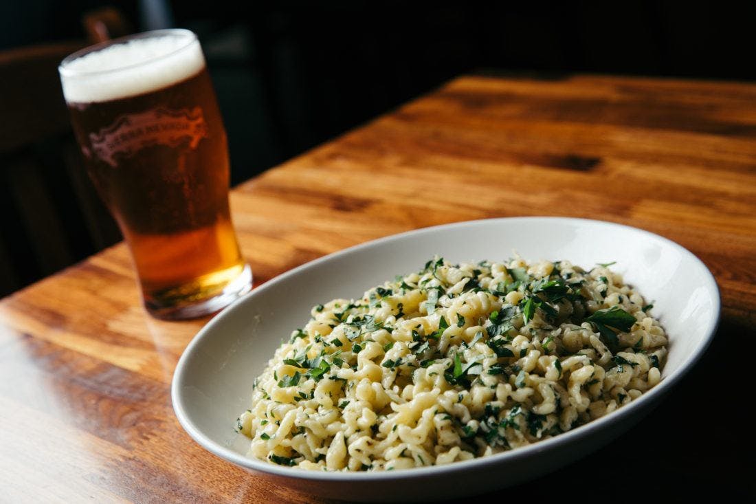 Spaetzle and pint glass of beer