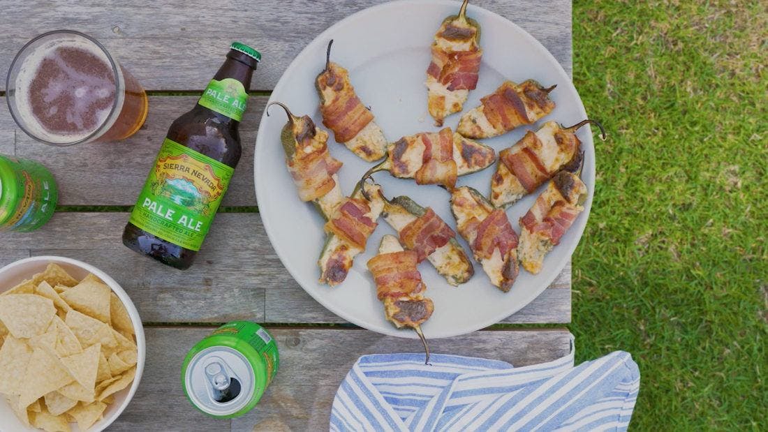 Pale Ale beer bottles and jalapeno poppers