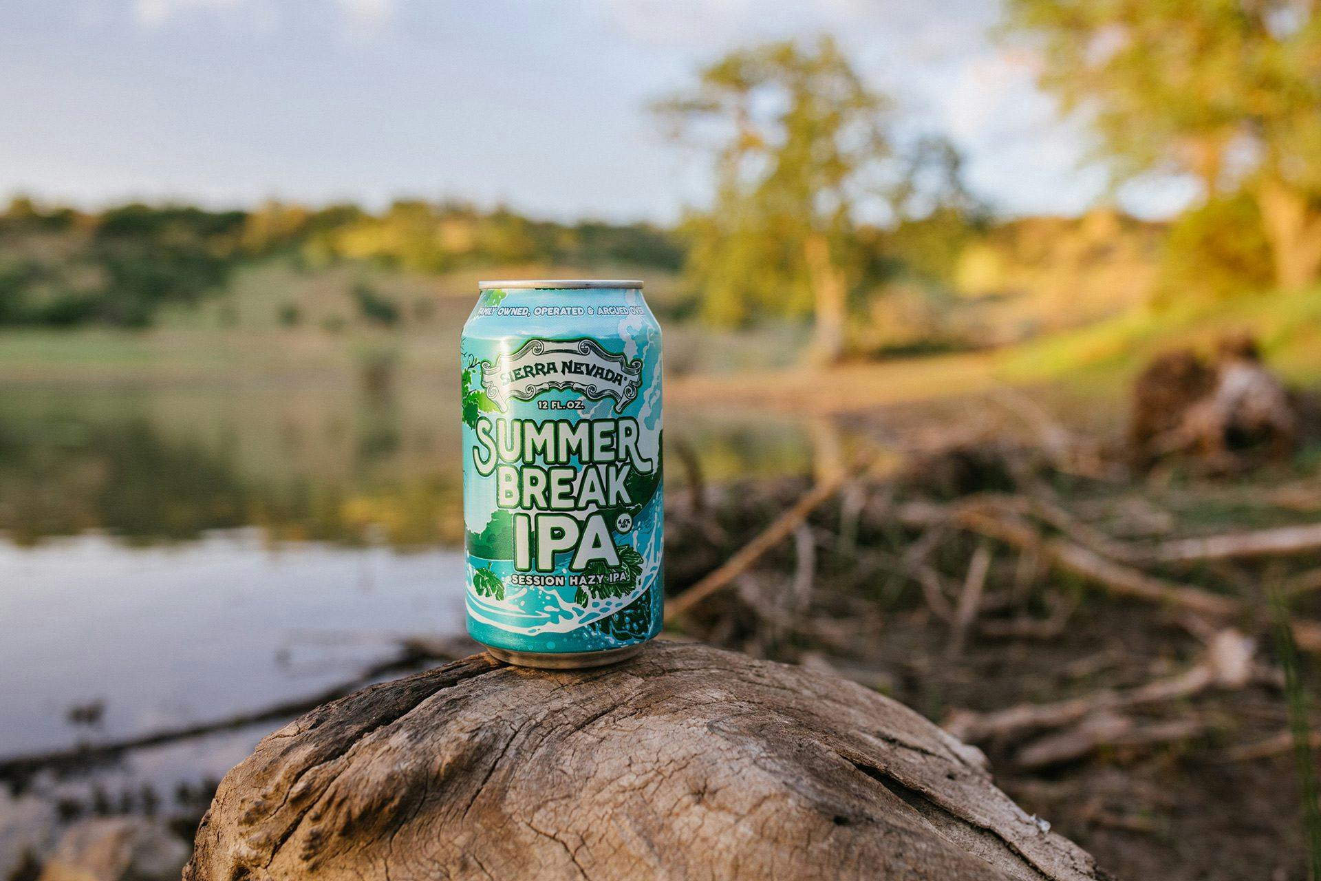 Summer Break IPA beer can by pond