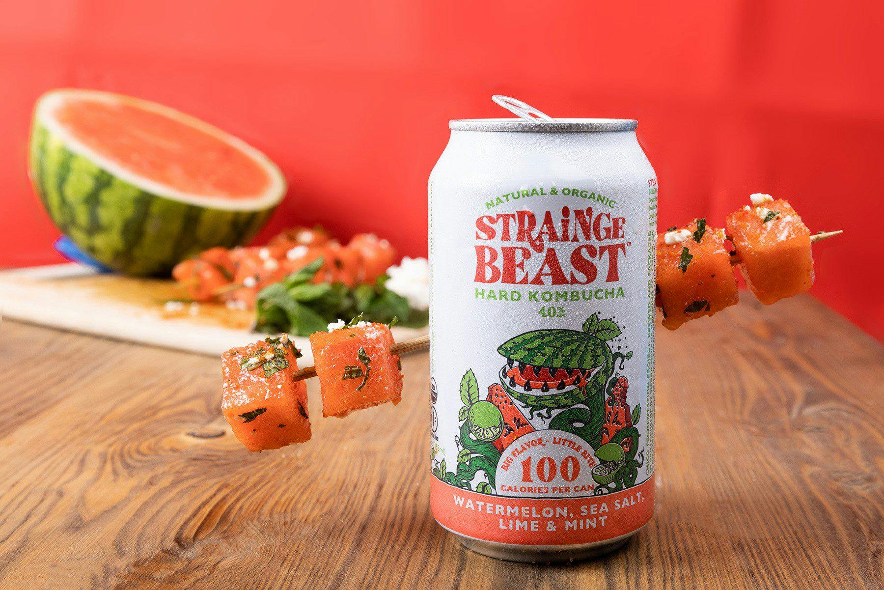 A can of Strainge Beast pierced with a watermelon skewer