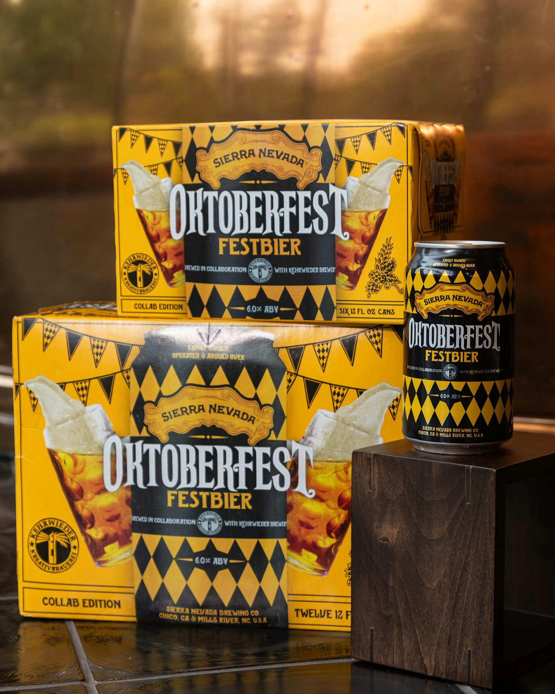 A six-pack, twelve-pack, and can of Sierra Nevada Oktoberfest beer
