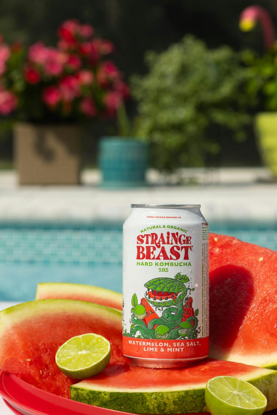 A can of Strainge Beast watermelon hard kombucha against a poolside backdrop