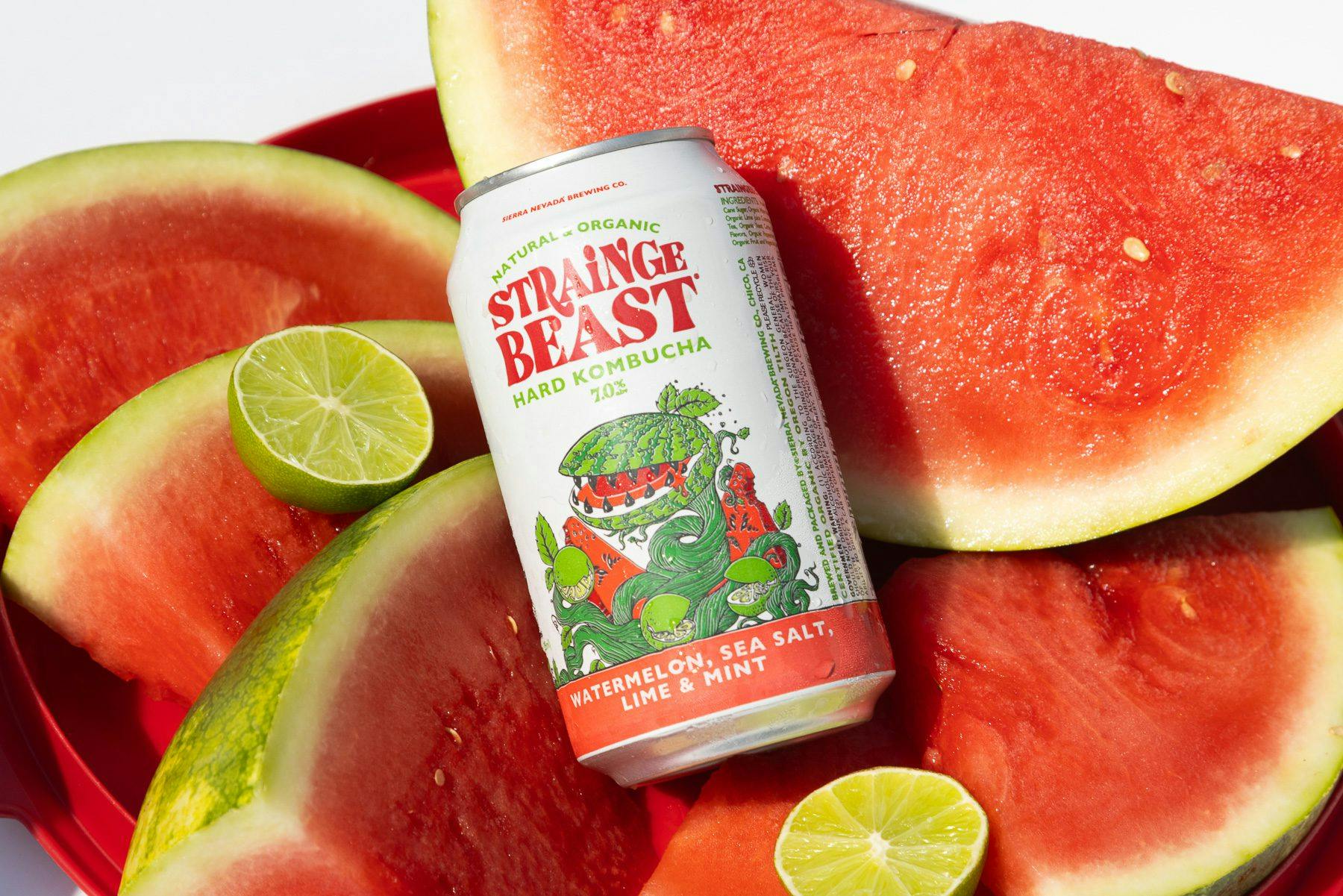 A can of Strainge Beast watermelon hard kombucha surrounded by sliced watermelon and limes