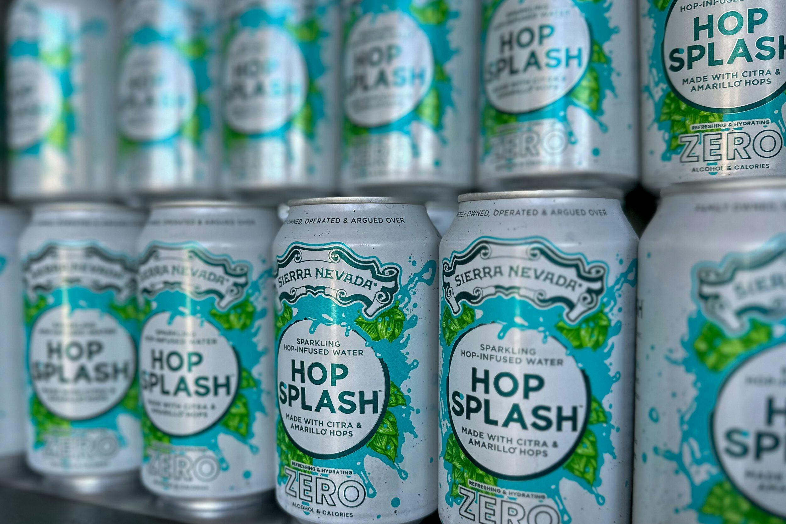 Hop Splash cans stacked and lined up