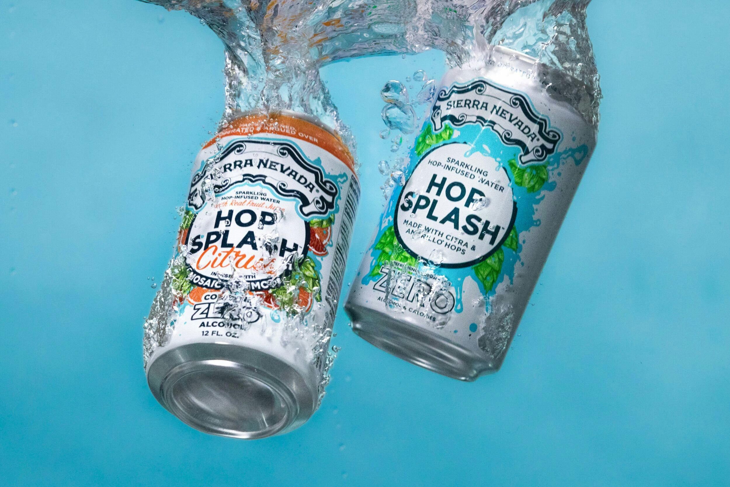 Hop Splash cans in water
